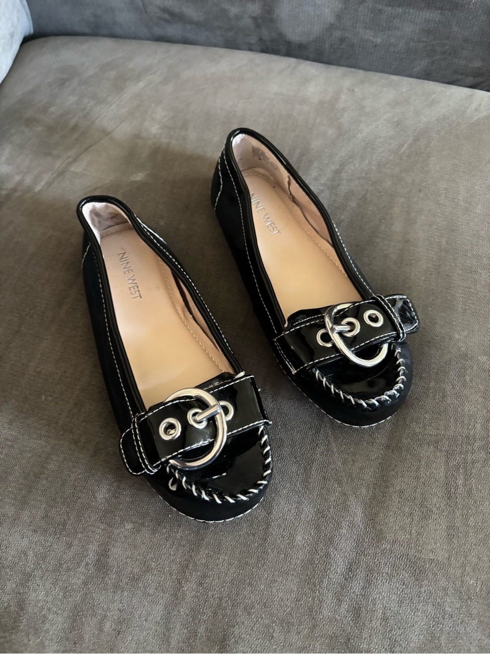 Nine West Black Patent Leather Loafers with Silver Buckle Detail
